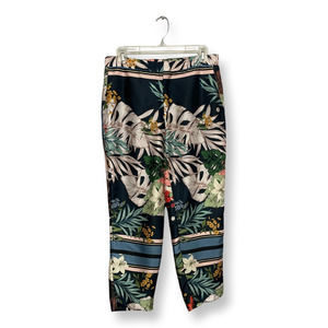 Zara Womens Cropped Pants Black Pink Hawaiian Sateen Tropical Flat Front S